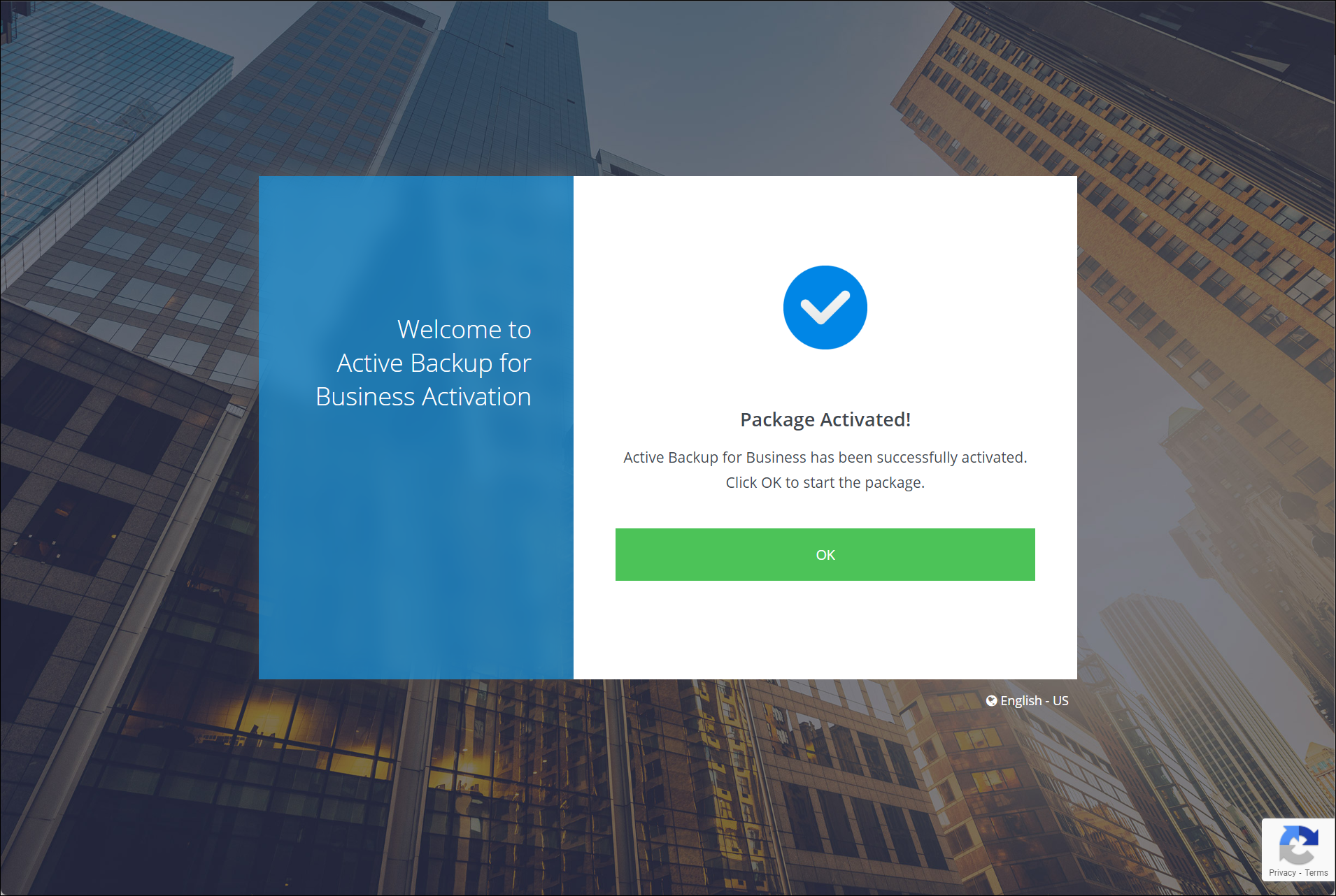Screenshot showing Synology Active Backup for Business Successfully Activated