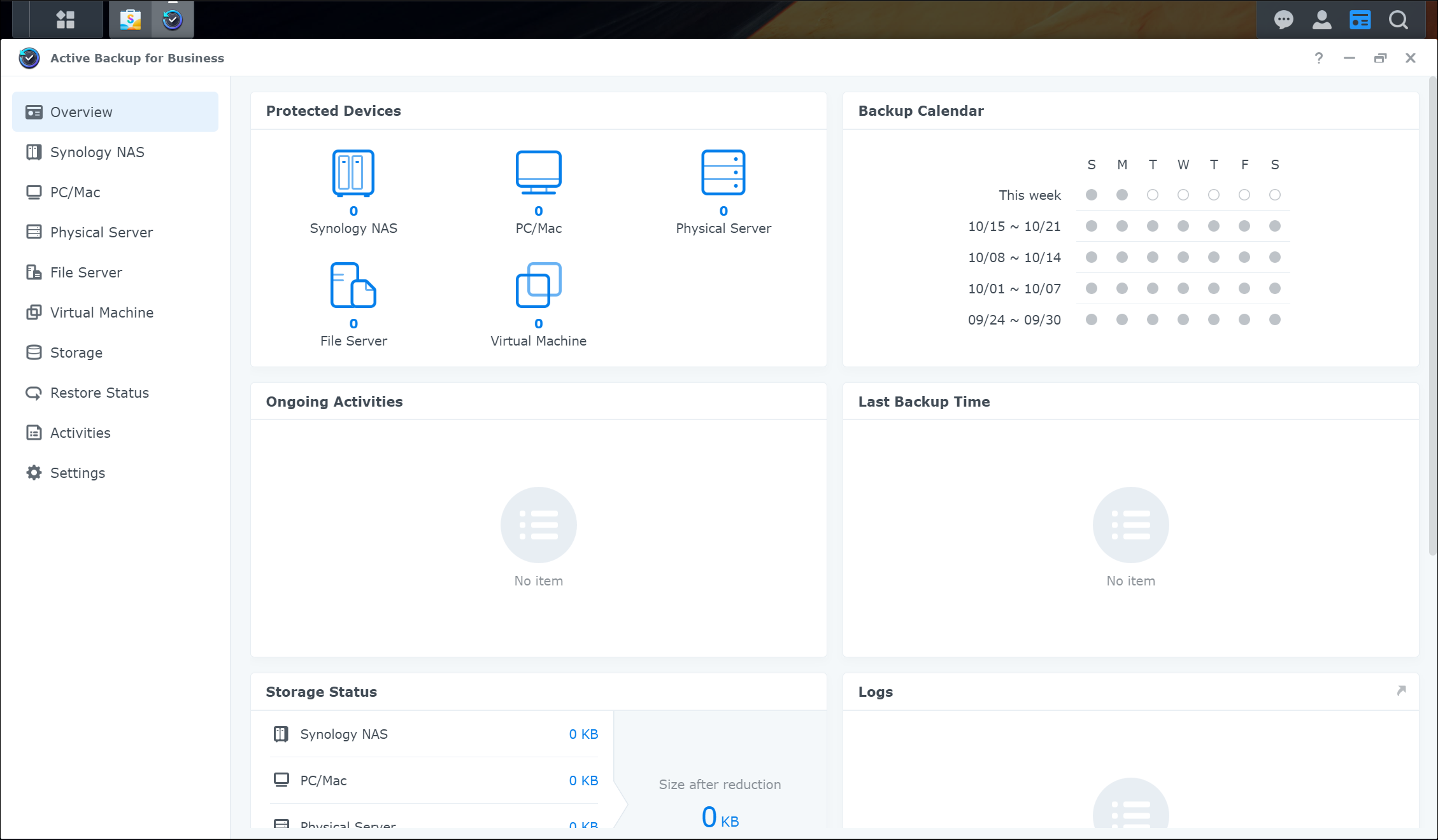 Screenshot showing Synology Active Backup for Business Overview Dashboard