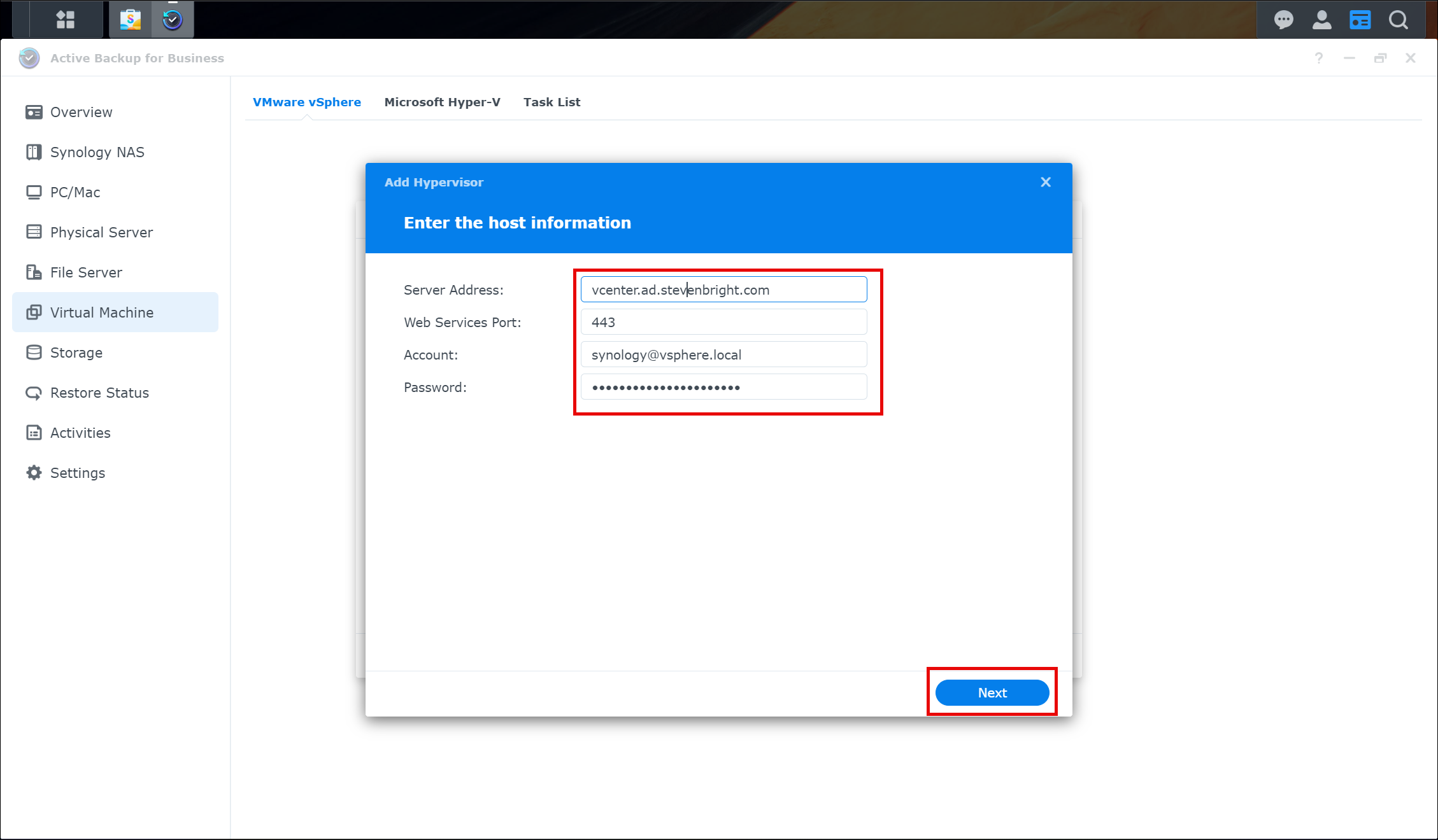 Screenshot of Synology Active Backup for Business Requesting the VMware vCenter Server Connection Details