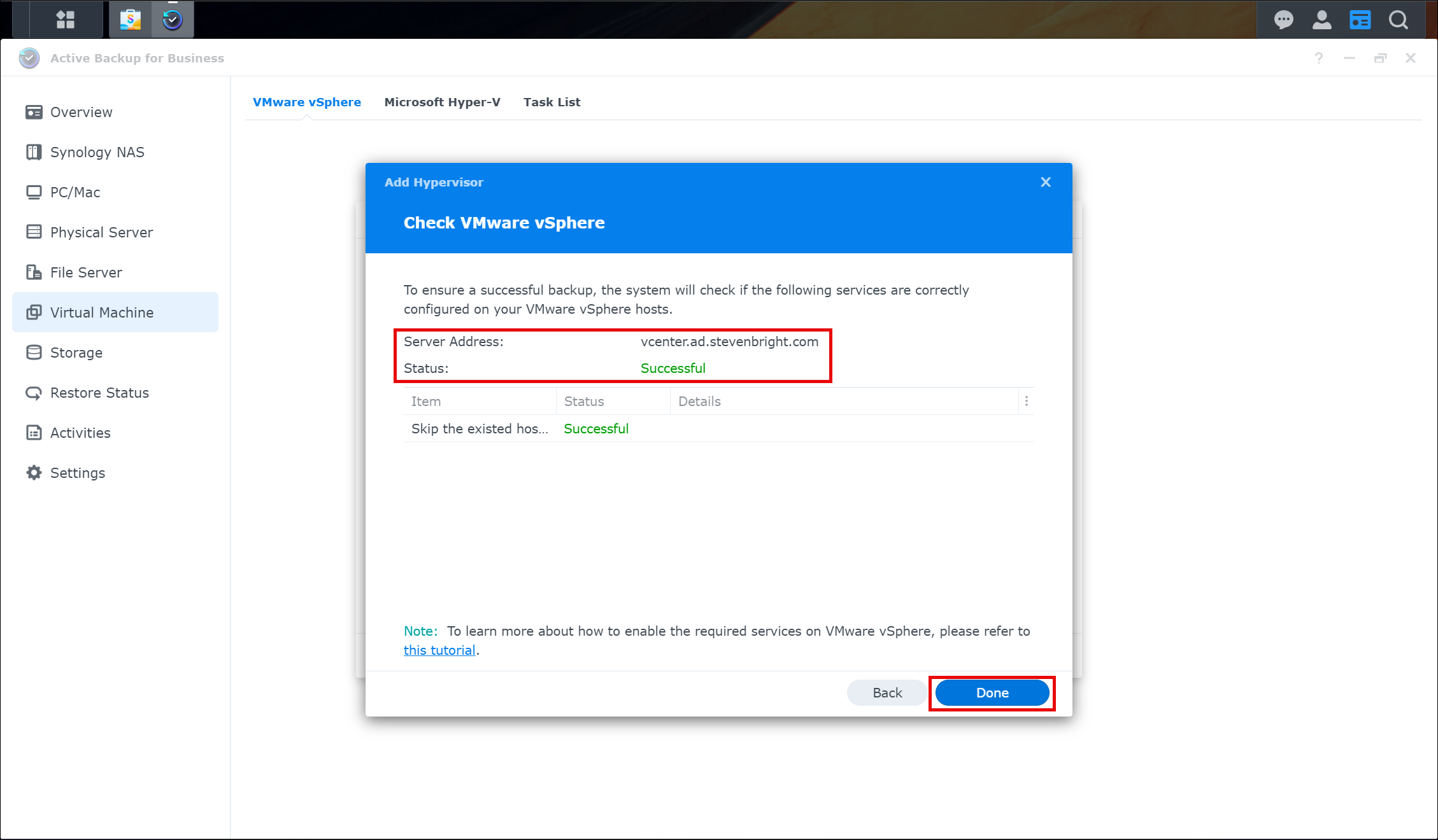 Screenshot of Synology Active Backup for Business Showing Success in Adding the VMware vCenter Server