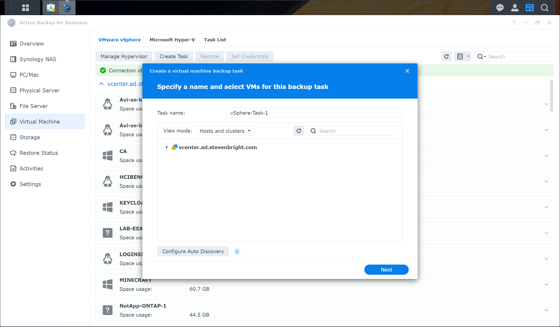 Screenshot of Synology Active Backup for Business Showing the Create a virtual machine backup task wizard