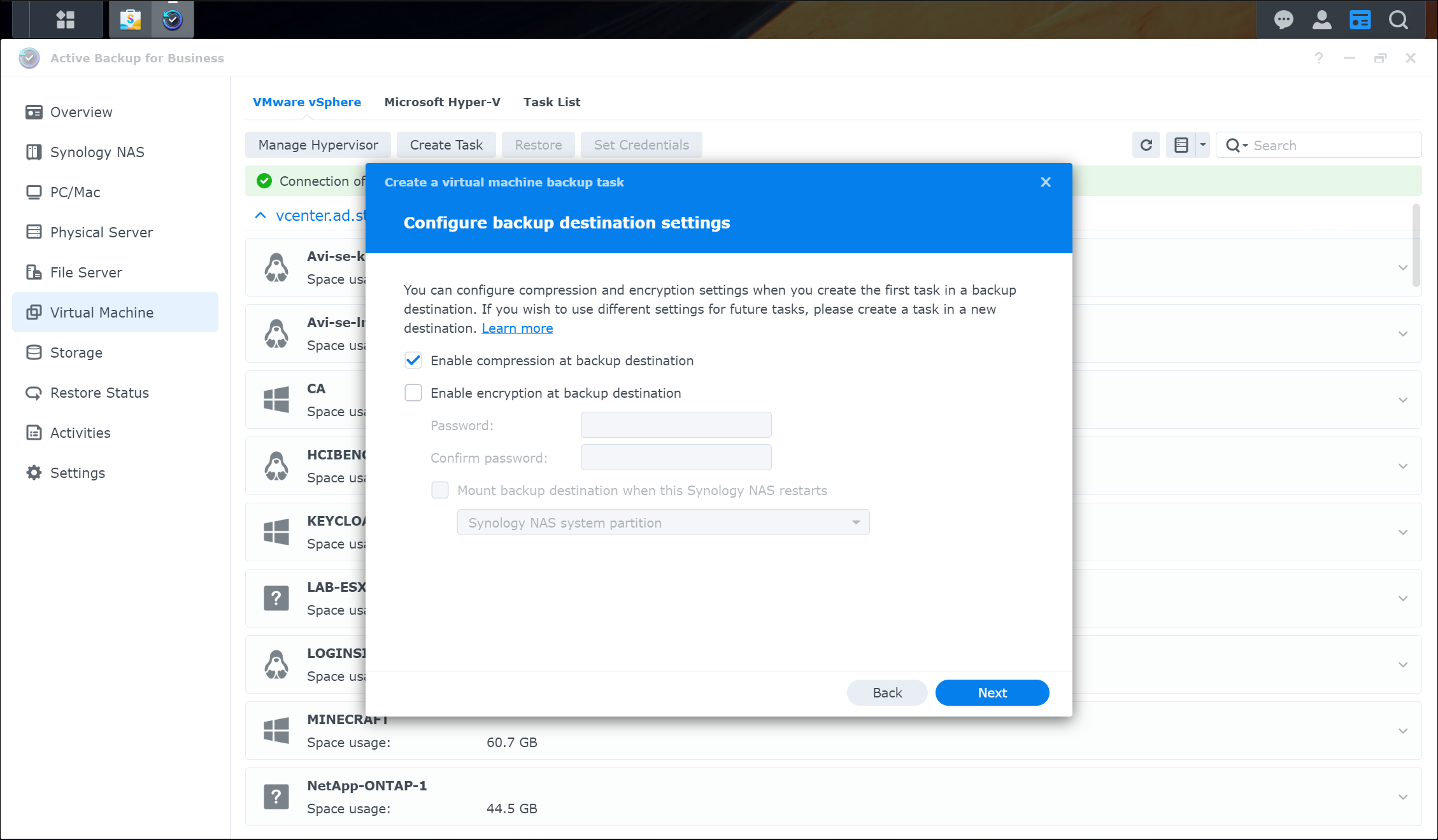 Screenshot of Synology Active Backup for Business Showing the Available Backup Destination Settings