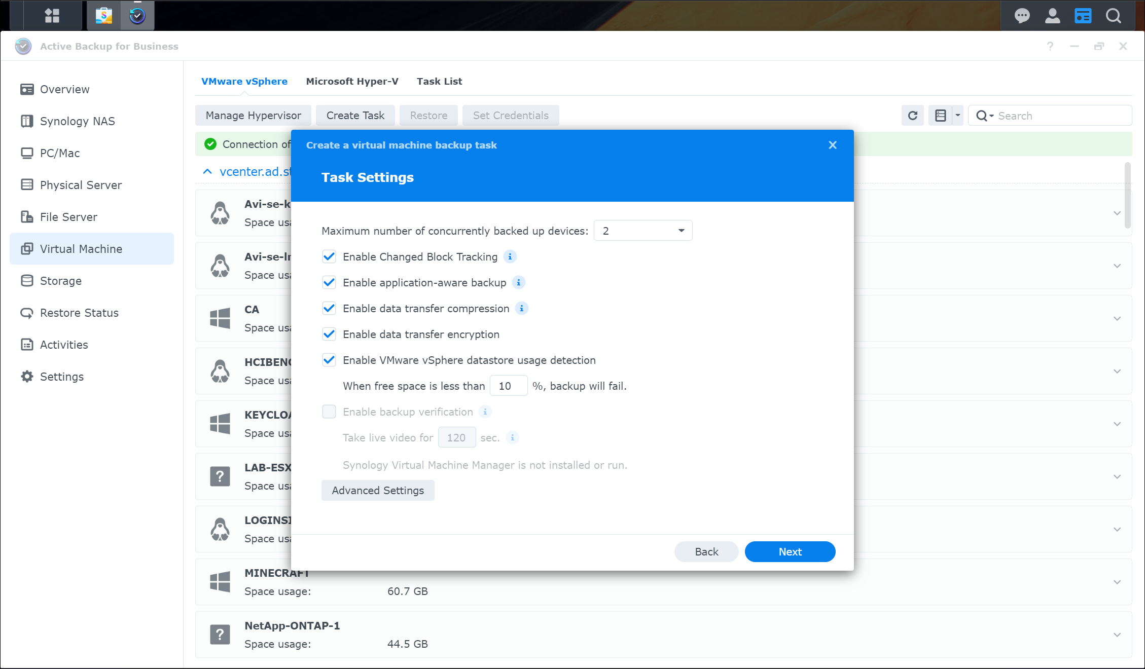 Screenshot of Synology Active Backup for Business Showing the Available Backup Task Settings