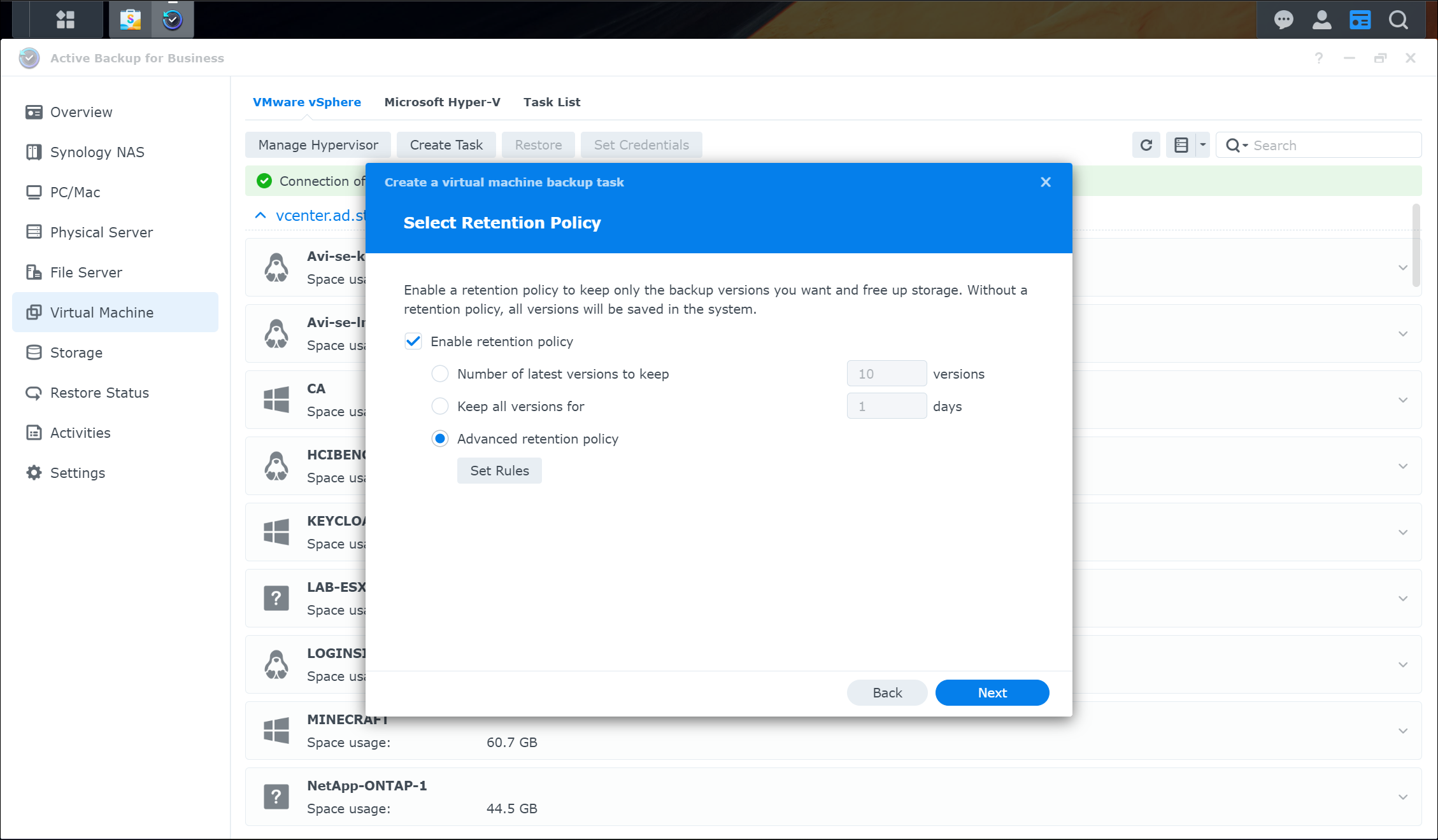 Screenshot of Synology Active Backup for Business Retention Policy Configuration - Basic