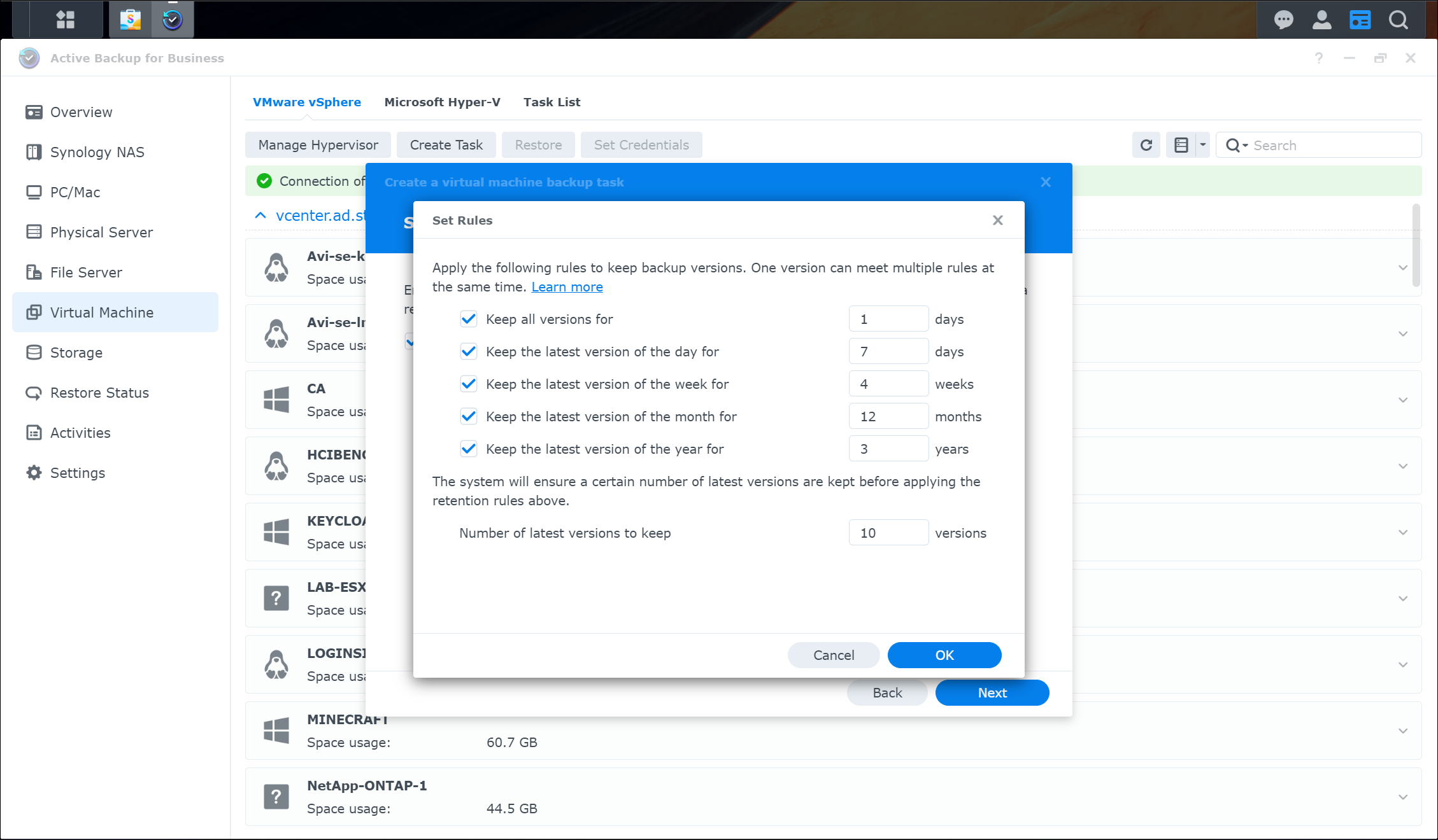 Screenshot of Synology Active Backup for Business Retention Policy Configuration - Advanced