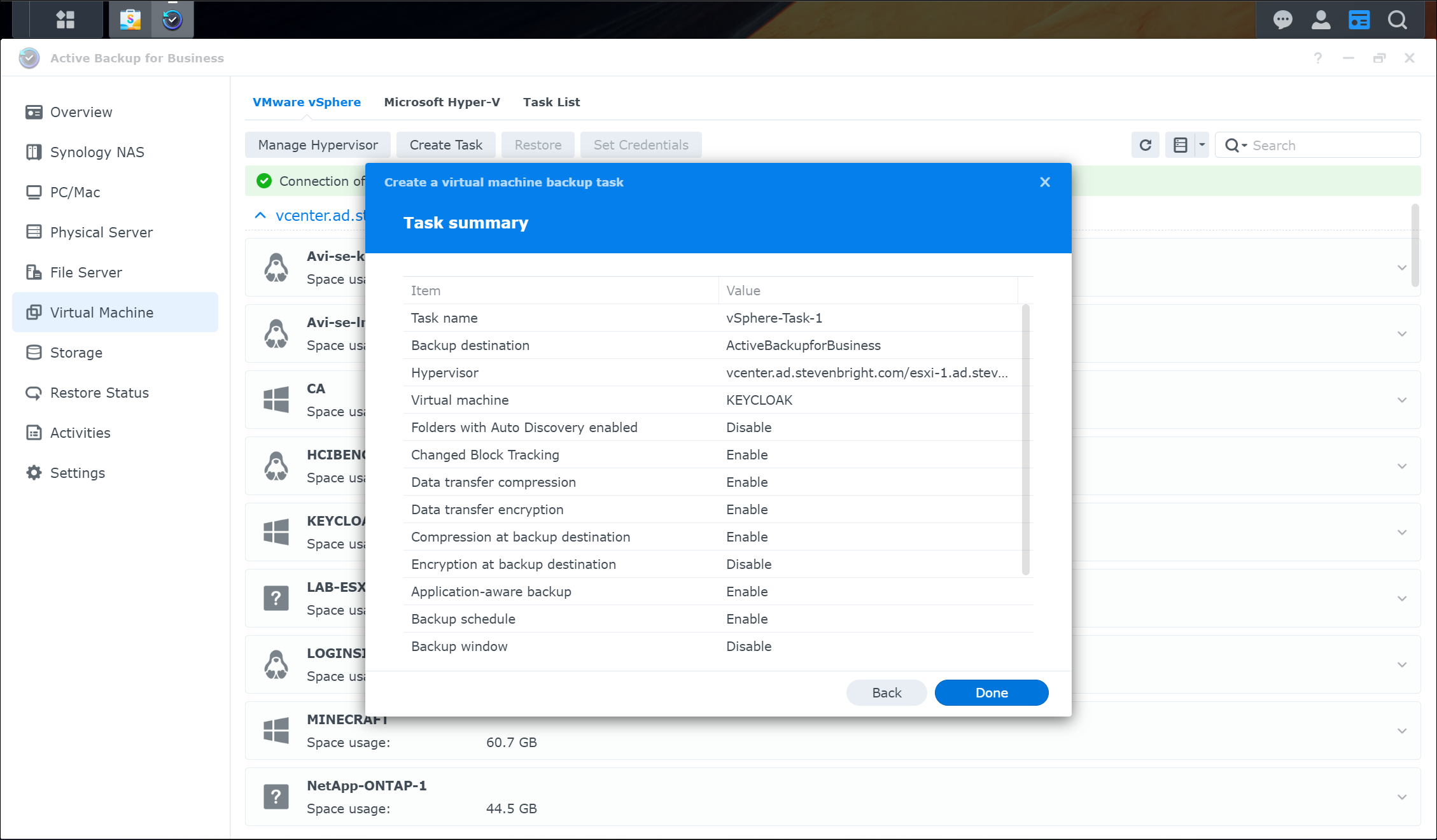 Screenshot of Synology Active Backup for Business Task Configuration Summary