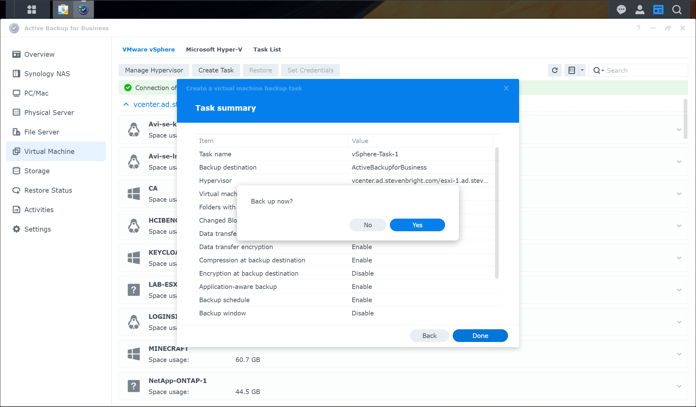 Screenshot of Synology Active Backup for Business Asking if Backup Should be Executed Now