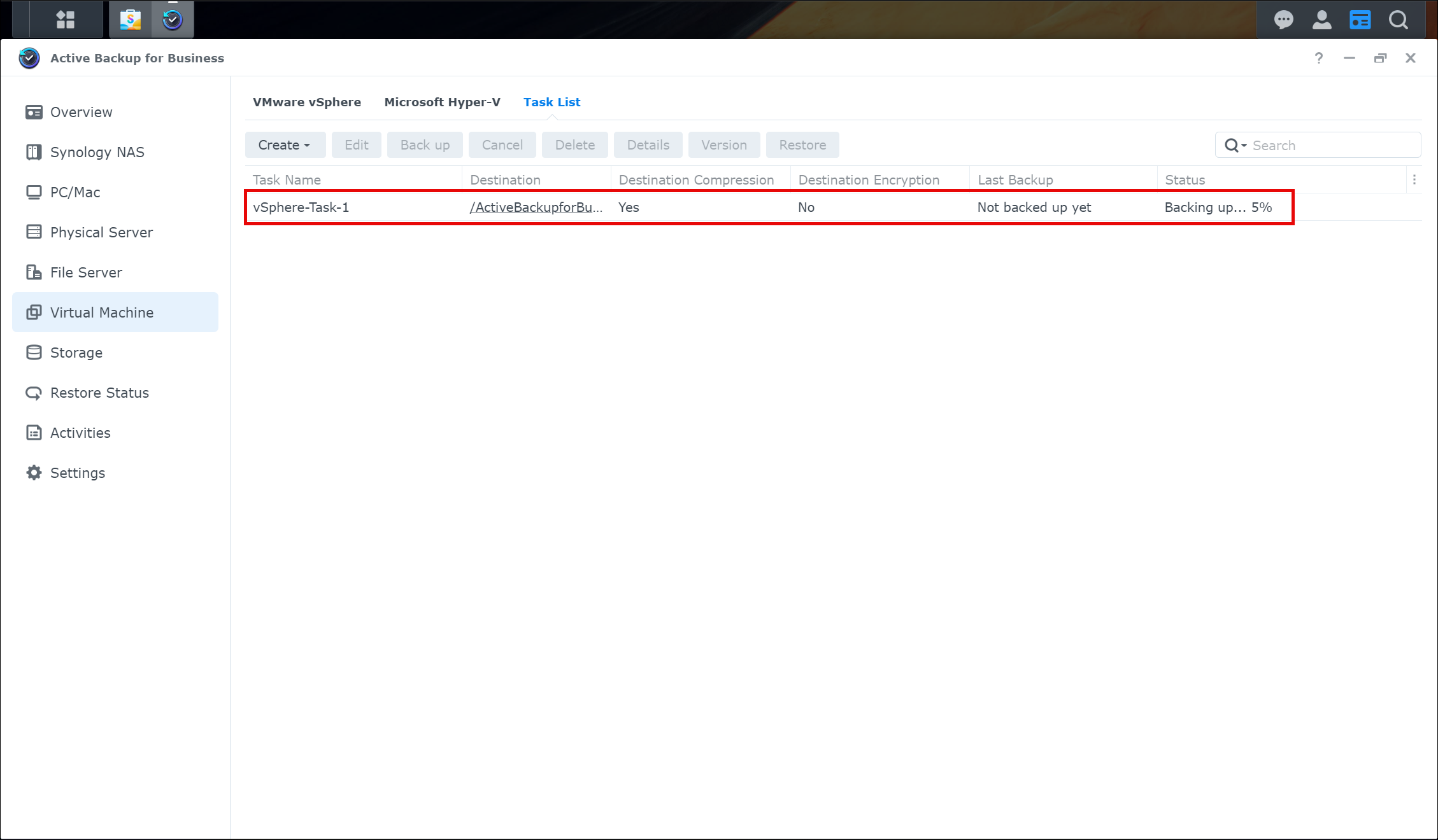Screenshot of Synology Active Backup for Business Showing Current Task Status