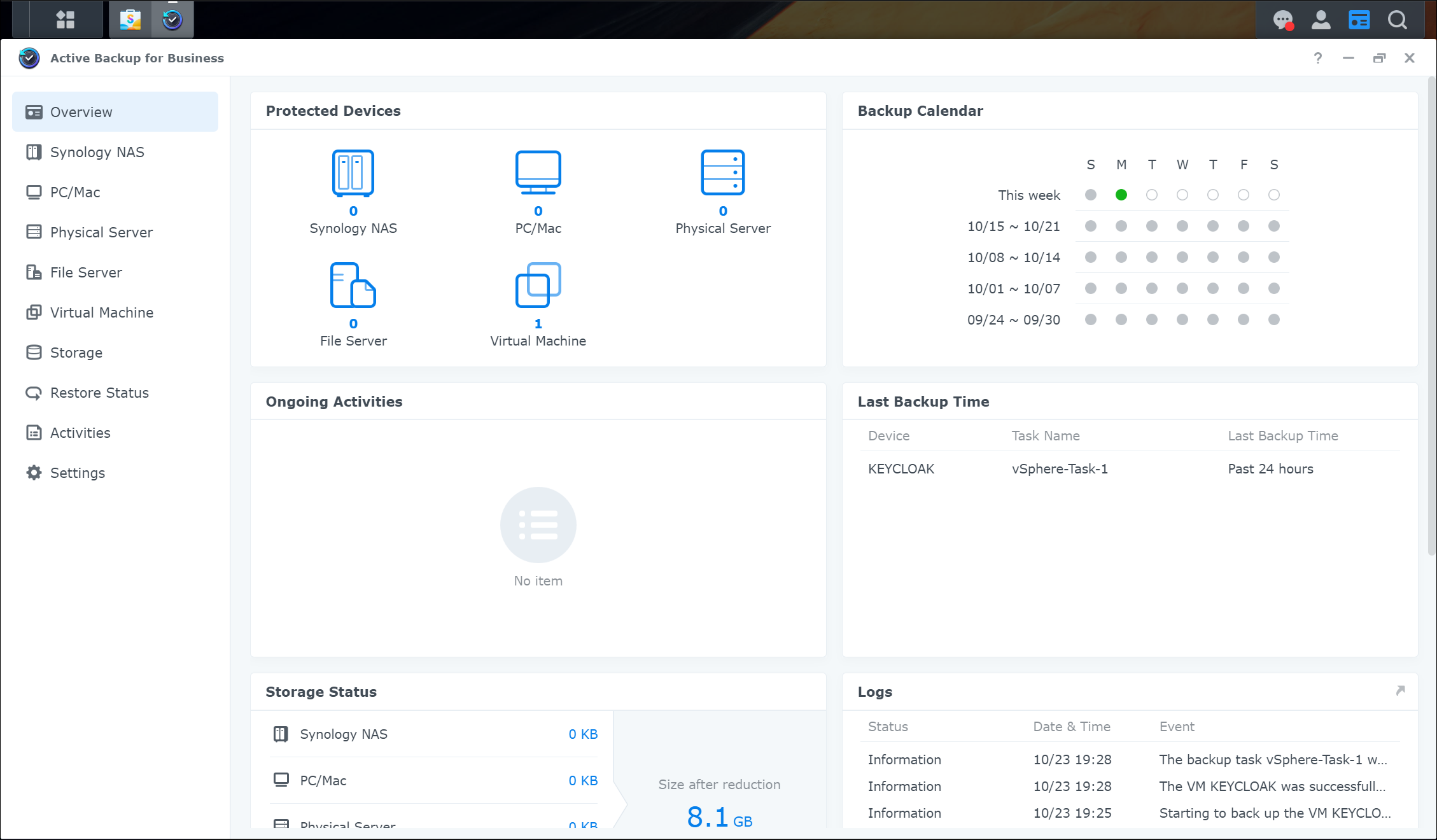 Screenshot of Synology Active Backup for Business Overview Dashboard