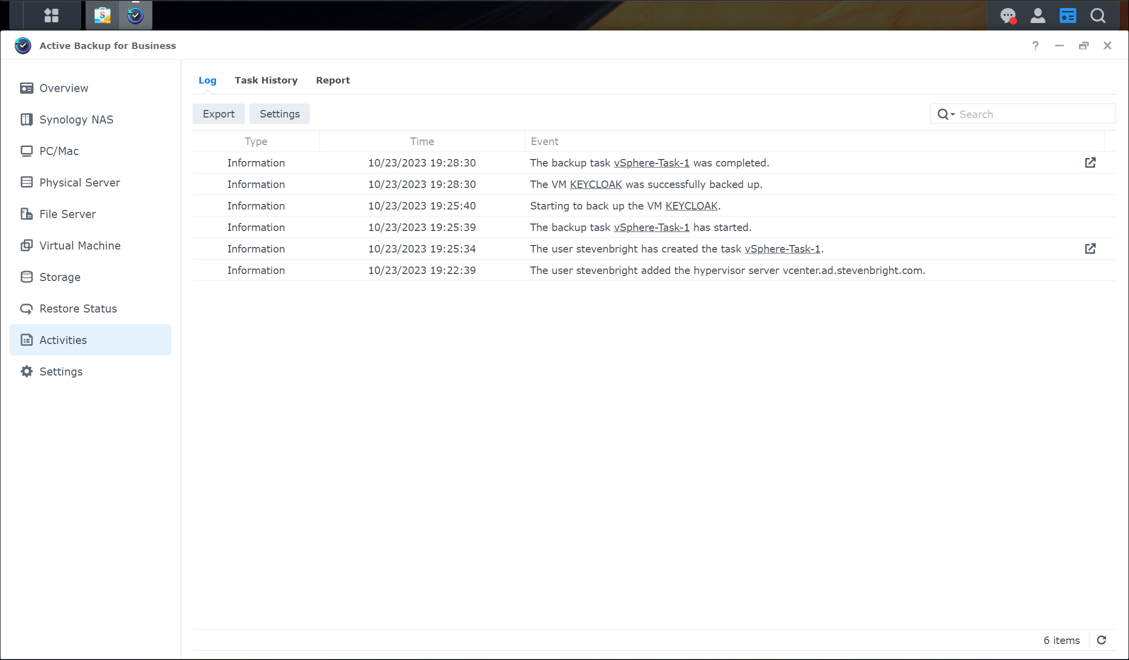 Screenshot of Synology Active Backup for Business Activities View