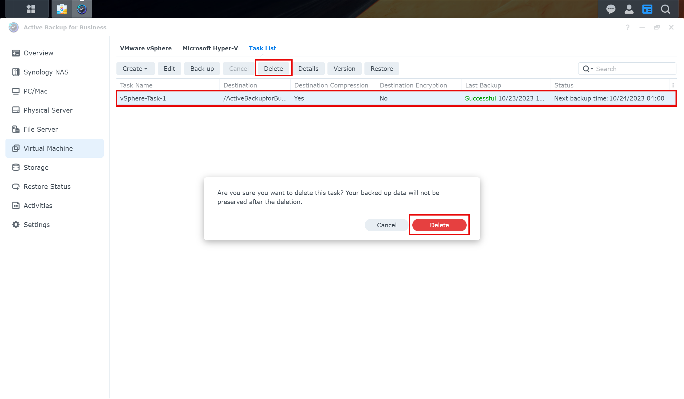 Screenshot of Synology Active Backup for Business Virtual Machine Task Deletion